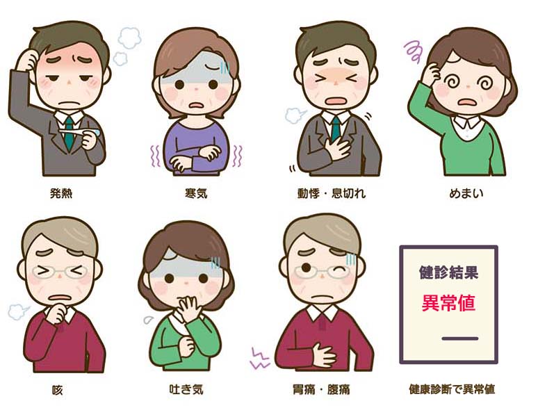 吐き気、発熱、頭痛、めまい、腹痛